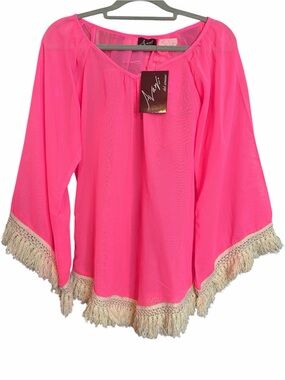 NWT Avani del Amour sheer coral Pink Fringe Tunic Blouse M Boho Festival Barbie